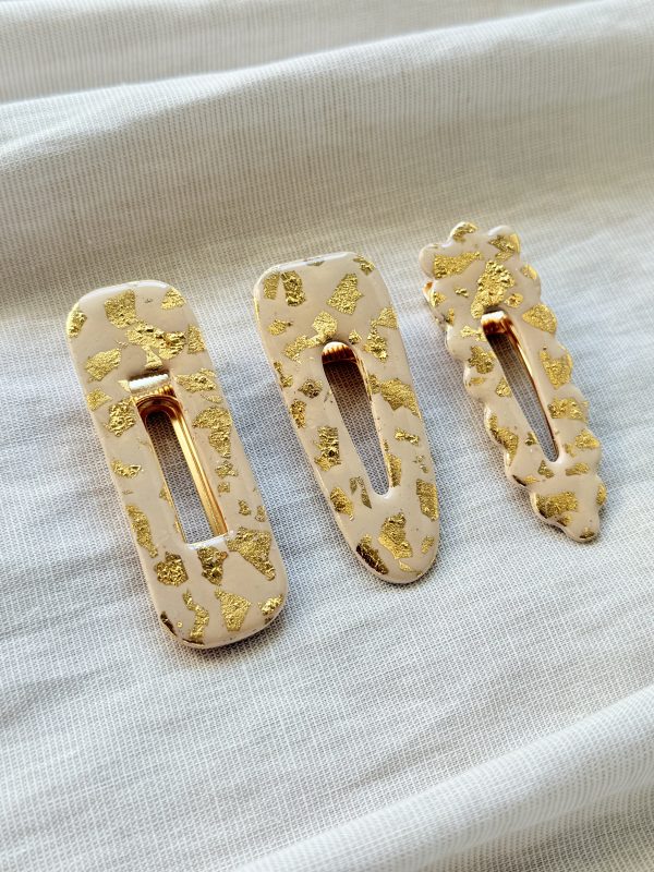 Barrettes - Beige feuilles d'or