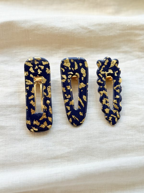 Barrettes - Bleu nuit feuilles d'or – Image 2