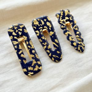 Barrettes - Bleu nuit feuilles d'or