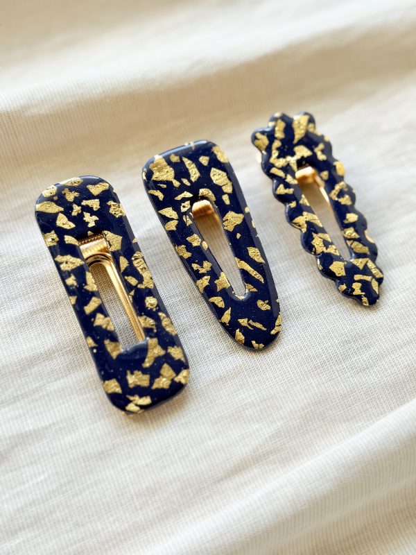 Barrettes - Bleu nuit feuilles d'or