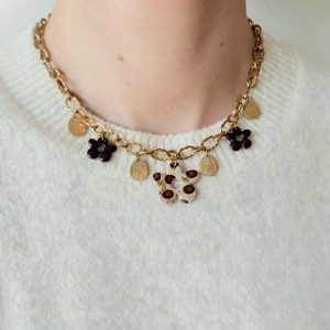 Collier breloques SOLENA - Léopard feuilles d'or