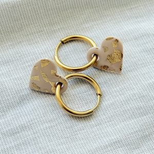 Créoles cœurs - Beige feuilles d'or