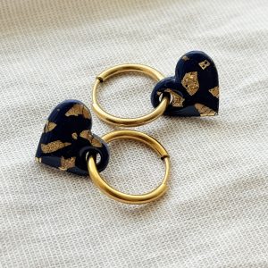 Créoles cœurs - Bleu nuit feuilles d'or