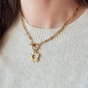 Collier pendentif YUNA - Beige feuilles d'or