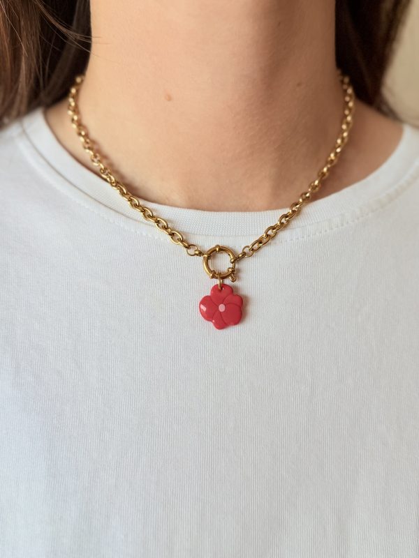 Collier pendentif - FLEUR CERISIER rouge